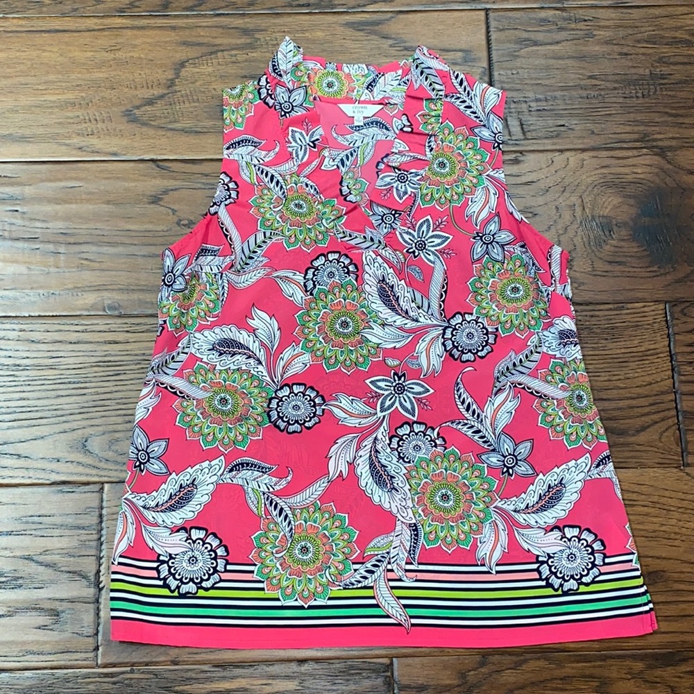 Crown & Ivy womens small sleeveless top- hot pink with ruffle neckline